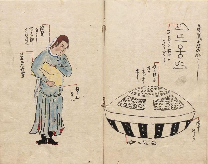 Bakin Takizawa (Kyokutei), Toen shōsetsu, 1825: “Sometime in the early months of 1803, an alien ship came ashore on the coast of Japan… This utsuro-bune (hollow or vacant ship) appears in at least twelve literary sources from the late Edo period.”(6)