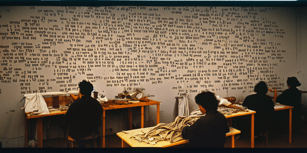 via StableDiffusion: Film Photograph, kodak portra film, matte, grainy photograph, iso 800, 1980s, artisans at work, a group of Artisans crafting images and texts from various materials, images on the wall, text on the wall, futuristic digital studio, digital workers, cybernetics