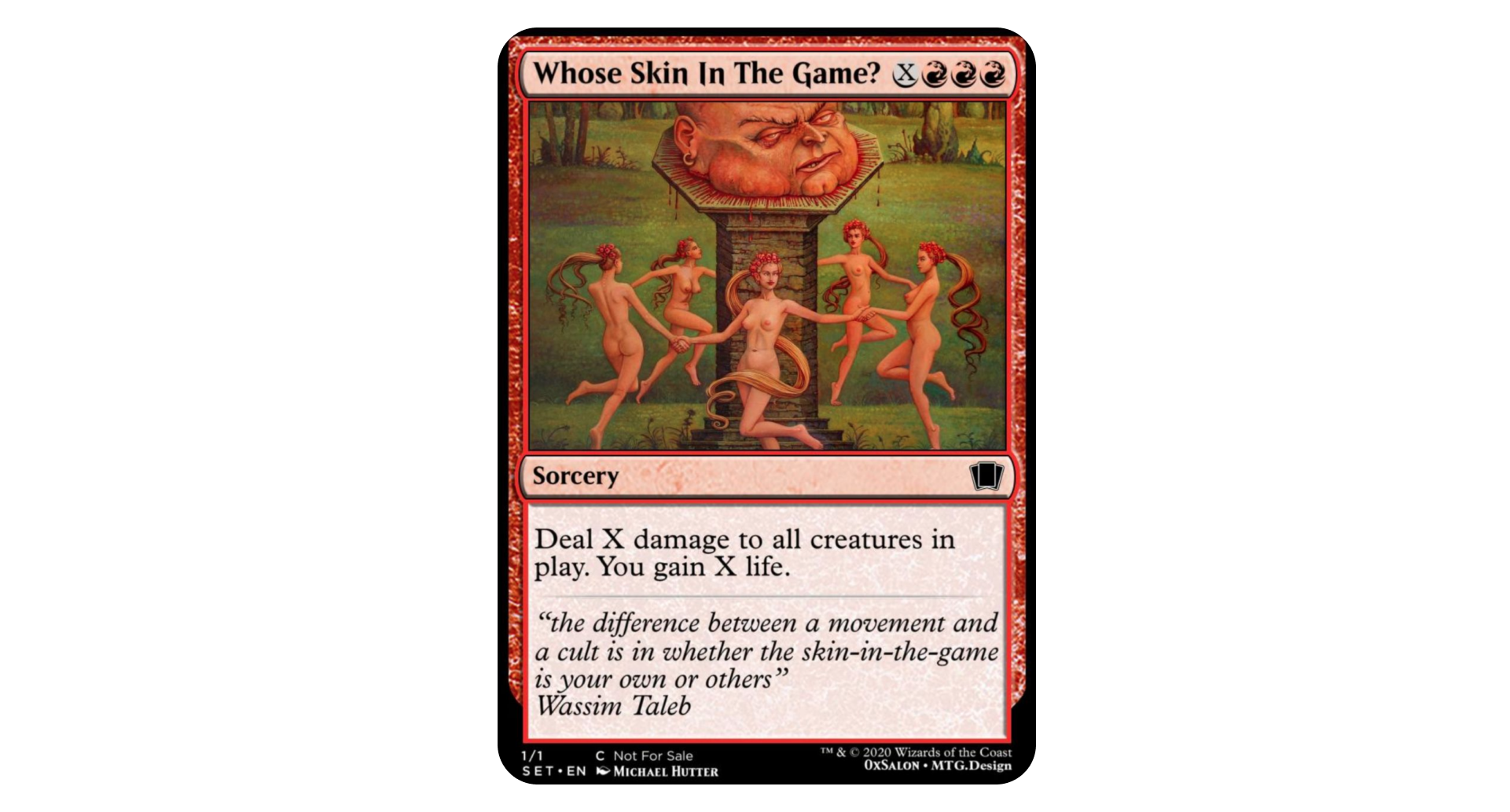 'Whose Skin In the Game?' custom Magic: The Gathering Card, 0x Salon, 2020.