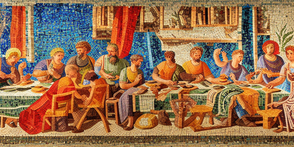 A bright and vibrant roman mosaic of a group of artisans at a dinner table crafting ornate and delicate art. Created via beta.dreamstudio.ai
