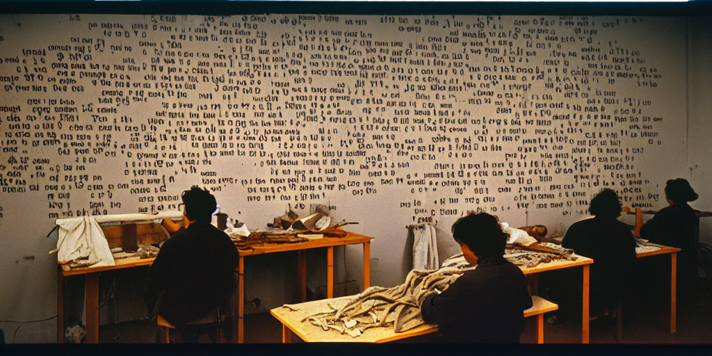 via StableDiffusion: Film Photograph, kodak portra film, matte, grainy photograph, iso 800, 1980s, artisans at work, a group of Artisans crafting images and texts from various materials, images on the wall, text on the wall, futuristic digital studio, digital workers, cybernetics