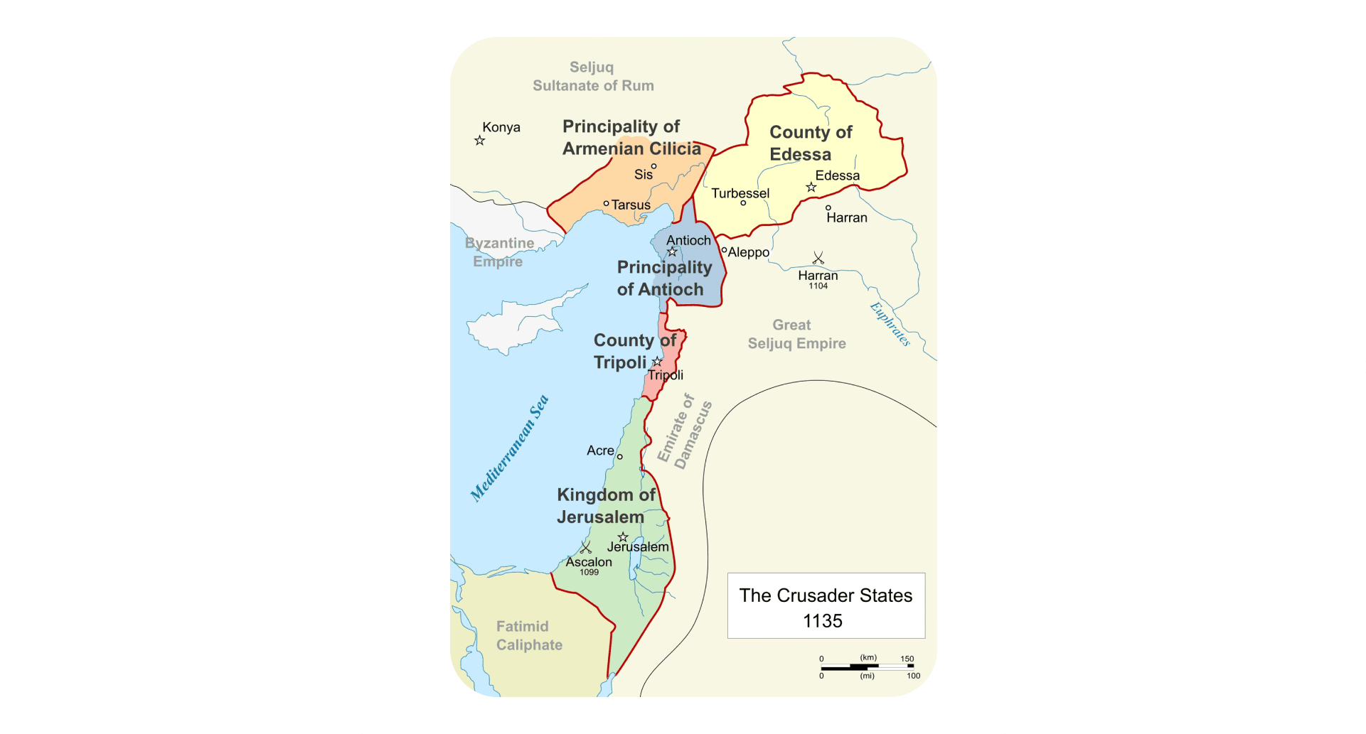 The 'Outremer' Crusader States in 1135 AC, via Wikimedia user Amitchell125